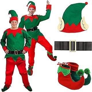 Adults Unisex Elf Costume - Adults Unisex Cheeky Elf Christmas Fancy Dress- Green Top + Red Trousers + Belt + Elf Hat With Ears + Deluxe Pom Pom Elf Shoes