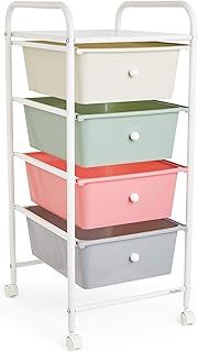 VonHaus Storage Trolley, 4 Drawer Pastel Wheeled Makeup Trolley, Durable Storage with Plastic Drawers, Chrome Frame & 360° Wheels, Versatile Organiser for Bedroom, Bathroom, Home Office