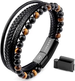 LIVLOKO Mens Bracelet Leather Black Multi-Layer Bracelet for Men Magnetic Clasp Rope Wristband Mens Gift for Boyfriend