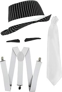 1920S MOB GANGSTER FANCY DRESS ACCESSORY SET. BLACK PINSTRIPE TRILBY HAT + WHITE BRACES + WHITE TIE + SPIV TASH. HAT COLOUR: BLACK | SIZE: ONE SIZE