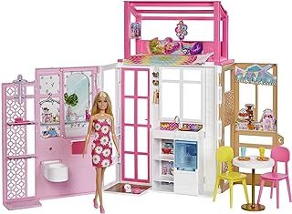 Barbie Dollhouse Playset with Barbie Doll & House with 2 Levels & 4 Play Areas, Fully Furnished, with Pet Puppy & Accessories, Gift for Kids 3 Years Old and Up, HHY40