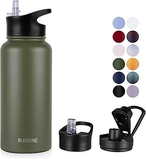 Insulated Water Bottle, 1L Stainless Steel Drink Flask with Straw, BPA Free, 2 Lids (Straw Lid and Spout Lid), Leakproof Double Walled Vacuum Water Bottle, Army Green