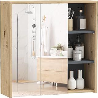 HOMCOM Bathroom Mirror Cabinet, Wall Mounted Bathroom Cabinet with Mirror, 2 Doors and Cupboards, Natural
