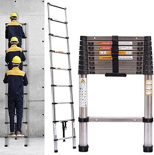 Telescopic Ladder 2.6M Stainless Steel Extension Multi-Purpose With Adjustable Step - Portable Loft Step Extendable Easy Carry Non-Slip Retractable Folding Roof - 330Lbs Capacity
