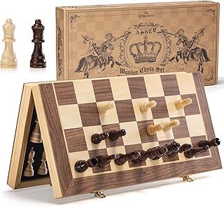 ASNEY Upgraded Magnetic Chess Set, 15” Tournament Staunton Wooden Chess Board Game Set with Crafted Chesspiece & Storage Slots for Kids Adult, Includes Extra Kings Queens & Carry Bag, 2 Players
