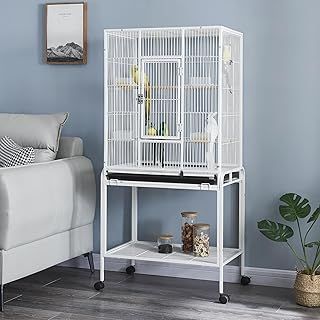 Large Bird Cages Parrot Cage Wide Flight Metal Animal Cage for Budgie Parakeet Conure With Rolling Stand Wheels (White, 62L x 43W x 136H)