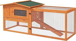 PawHut Rabbit Hutch with Run Wooden Guinea Pig Hutch Outdoor Bunny Cage Hide House with Sliding Tray, Hay Rack, Ramp, 156 x 58 x 68cm, Orange
