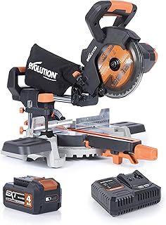 Evolution Power Tools R185SMS-Li Cordless Sliding Mitre Saw, 45° Bevel, 50° Mitre, 850W - Includes 4Ah Battery & Charger, 185MM TCT Blade, 3 Year Warranty, Black/Orange, (064-0001A)