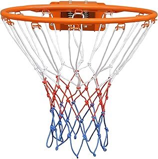 FUNJRPE Basketball Double Spring Solid Rim, Basketball Net, Indoor Outdoor Hanging Basketball Goal with All Weather Net Wall Mounted Basketball Hoop 18'', orange