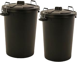 2 PACK - LARGE BLACK GARDEN DUSTBIN- 90L REFUSAL HEAVY DUTY PLASTIC WASTE BIN WITH CLIP LID