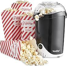VonShef Popcorn Maker – 1200W Air Popcorn Machine with Hot Air Circulation, One Touch Operation, Movie Night Accessories, Healthy & Oil Free Snack Maker for Kids with 6 Boxes - Black