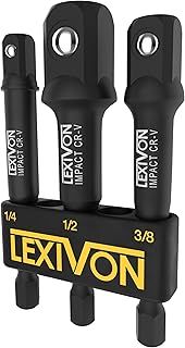 LEXIVON Impact Grade Socket Adapter Set, 3" Extension Bit with Holder | 3-Piece 1/4", 3/8", and 1/2" Drive, Adapt Your Power Drill to High Torque Impact Wrench (LX-101)