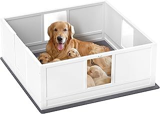 PawHut Whelping Box for Dogs, Dog Playpen Fence Exercise Play Pen With Waterproof Washable Pad, Adjustable Entrance, Non-Slip Pads, for Large Dogs and Puppies, 124 x 120cm
