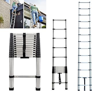 Extension Ladders 12.5FT Stainless Steel Telescopic Folding Portable Extendable Ladder 3.8M for Home or Office Use, Cleaning, Maintenance, Decoration