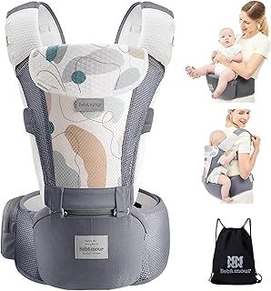 Bebamour Baby Carrier with Hip Seat, Newborn to Toddler 0–36 Months, Ergonomic Infant Carrier with Adjustable Waist Belt, Head Hood, Teething Pads & Waist Extender, Grey