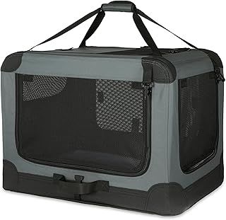 Amazon Basics 4-Doors Portable Soft-Sided Folding Travel Crate Kennel for cat, dog, and other small animals, Grey, S 66 cm x 46 cm x 46 cm