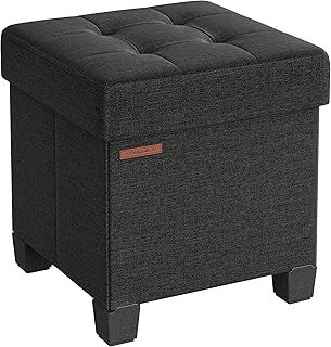 SONGMICS Storage Ottoman, Foldable Small Ottoman Foot Rest, 38 x 38 cm Foot Stool, Ottoman with Storage, Load up to 300 kg, for Living Room, Bedroom, Dorm, Ink Black LSF014B51