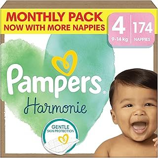 Pampers Harmonie Nappies Size 4, 174 Nappies, 9kg-14kg, Monthly Pack, Gentle Skin Protection with 100 Percent Pampers Protection