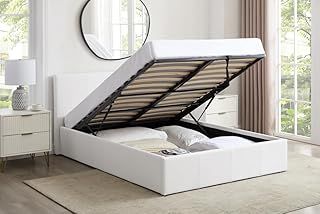 LUNA - UK 4FT6 Double Gas Lift Up Ottoman Storage Faux Leather Space Saving Bedframe (H:88.5cm x W: 153cm x L: 203cm) (White)