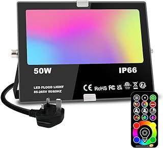 LED Floodlight Outdoor 50W 5000LM, Flood Lights Colour Changing, 120 RGB Colours- Warm White-Timing-Remote Control - 5 Modes, IP66 Waterproof, UK 3-Plug (1 Pack)