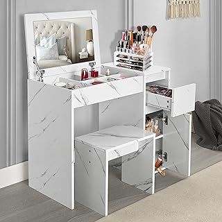 Vanity Desk with Mirror and Drawers, Makeup Dressing Table Vanity Table Writing Desk Cosmetic Bedroom Dresser Makeup Table for Bedroom Furniture, White Marble, 81L x 40 W x 69 H cm