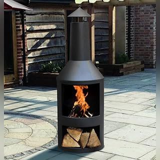 Log Burner Fire Pit Black Steel Burner with Built in Log Store Outdoor Garden Furniture, Transparent, One Size