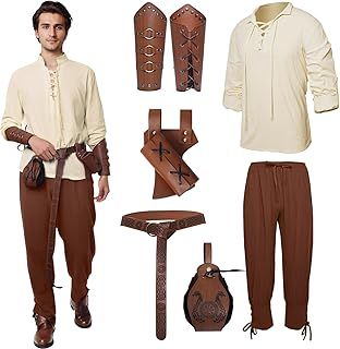 Medieval Clothing Men's Viking Costume Set with Men's Medieval Pirate, Medieval Trousers with Men's Arm Guards/Knight Belt/Retro Pirate Gold Coin Bag/Sword Bag