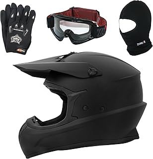 Zorax Matt Black L (59-60cm) ZOR-X305 Motocross HELMET & Gloves L(10cm) & Goggles & Balaclava - MX Quad ATV Sports Enduro Crash Dirt Bike Helmet ECE 22.06 Certified
