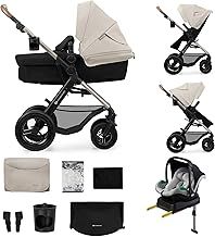 Kinderkraft MOOV2 AIR Pram 4 in 1 Set, with Infant Car Seat with Isofix Base Mink PRO I-Size, Travel System, Baby Pushchair, Buggy, Foldable, for Newborn, from Birth to 22 kg, EVA Wheels, Beige