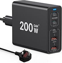 200W USB C Charger, GaN 5 Port Charging Station Hub, Type C PD100W Fast Charge Laptop Power Adapter Compatible with MacBook Pro/Air/iPhone 12/13/14/15/16/Galaxy S21/S22/S23/S24