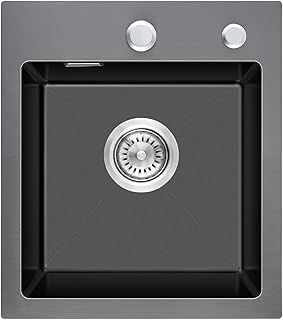 304 Stainless Steel Kitchen Sink 35 x 40 cm, Small Kitchen Sink, Topmount Kitchen Sink with Tap Hole and Overflow (Without Drain Pipe), 1 Bowl, Grey-Black