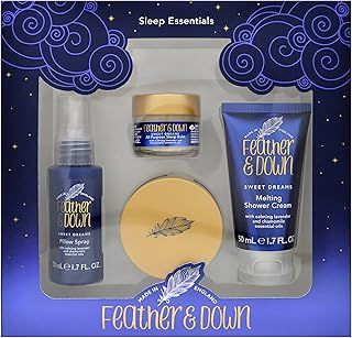 Feather & Down Sweet Dream Sleep Essentials Gift Set (50ml Pillow Spray, 50ml Melting Shower Cream, 16g All-Purpose Sleep Balm & 50ml Sleep Butter) - Cruelty Free & Vegan Friendly.