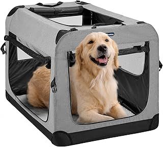 Veehoo Folding Soft Dog Crate, 3-Door Pet Kennel for Crate-Training Dogs, 5 x Heavy-Weight Mesh Screen, 600D Cationic Oxford Fabric, Indoor & Outdoor Use, 36", Gray