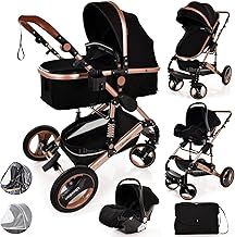 Baby Stroller 3 in 1 Pram Pushchair Buggy Child Lightweight Folding Stroller 3 in 1 Travel System Pram for Newborns Toddlers 0-36 Months from Birth Aluminium (Black - Rose Gold Frame)