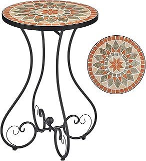 VONLUCE Round Side Table, Indoor and Outdoor Plant Stand, Small Coffee Table with Ceramic Tile Top for Patio Balcony, 53cm Tall Mosaic Garden Table, Living Room End Table or Bedside Table, Quilt Star
