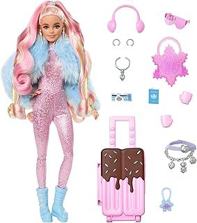 Barbie Travel Doll with Wintery Snow Fashion, Extra Fly, Sparkly Pink Jumpsuit and Faux-Fur Coat, HPB16
