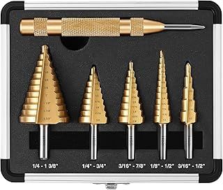 5PCS Step Drill Bit Set, 50 Sizes HSS Drill Bits, Titanium-Coated, Automatic Center Punch, 118° X-Shaped Split Tip, w/Aluminum Case, Step Bits for Metal, Wood & Plastic - STD06A