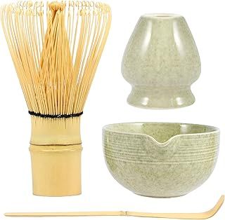 4Pcs Matcha Whisk Set, Matcha Tea Set with Whisk and Bowl, Matcha Spoon, Whisk Holder, 500ml Ceramic Bowl with Pouring Spout, Handmade Matcha Making Kit for Tea Drinking(Matte)