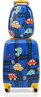 2PCS Kids Luggage Set, 18" Hard Shell Children Suitcase with 12’’ Backpack, Girls Boys Trolley Case for School Travel (Car, Blue)