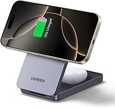 UGREEN MagFlow MagSafe Charger for iPhone 16, Qi 15W Wireless Charger Stand, 2-in-1 Mag Safe Charger Stand Compatible with iPhone 12/13/14/15/16 Series, AirPods 4/3/2/Pro 1/2