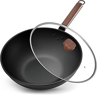 Jobin 13Inch/33cm Wok Non Stick with Lid Carbon Steel Wok and Large Capacity for Cook Asian Dishes for 4-6 People, Ideal for Induction, Gas, All Hobs