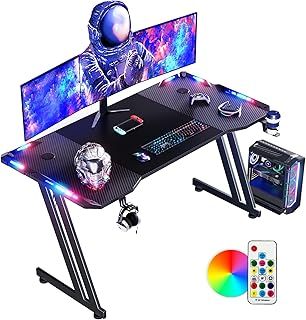 120 x 60cm RGB Gaming Desk, Large Gaming Table for Laptop, Home Office Desk with Carbon Fiber Coated, Gaming PC Desk with Headphone Hook and Cup Holder, Easy to Assemble, Black