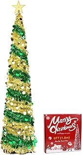 Pop up Christmas Tree 6FT Slim Christmas Tree 180cm Artificial Christmas Tree with Topper Star,Collapsible Pop Up Green Gold Colored Xmas Tree for Holiday Indoor Home Party Decor