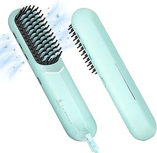 webeauty Cordless Hair Straightener Brush, 200 Million Negative Ions Hair Straightening Brush Mini,Rechargeable Hot Comb Hair Straightener with Type C Charging Cable for Travel, Blue