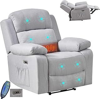 Recliner Armchair with Massage & Heat Electric Recliner Armchair Lazy Boy Recliners for Elderly Recliner Chair with Adjustable Footrest Backrest, USB Ports, Dual Side Pocket (Grey)