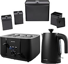 Salter COMBO-8859 Kuro Set – with Storage Canisters, Bin, Tea/Coffee/Sugar Tins, 1.7L Fast Boil Kettle, 4-Slice Toaster, Self-Centring Bread Guides, 3kW/1850W, Black