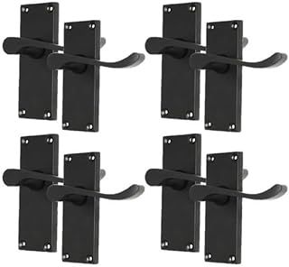 Matt Black Scroll Door Handle Set - Victorian Style Internal & External Lever Door Handles with Backplate (Privacy Bathroom)