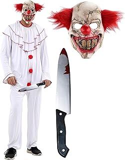 Scary Clown Costume - Halloween Horror Mask With Blooded Knife, Evil Outfit for Adult Men