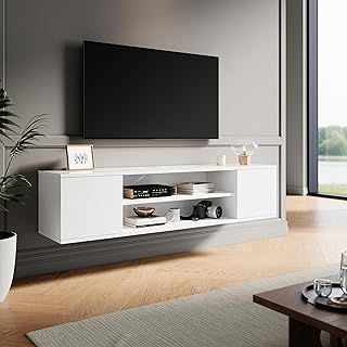 ELEGANT Floating Wall Mount TV Cabinet Unit with Storage for Living Room Entertainment Center - White Side Cabinet, Multi-Media Device Compatible, Floor or Wall Mount