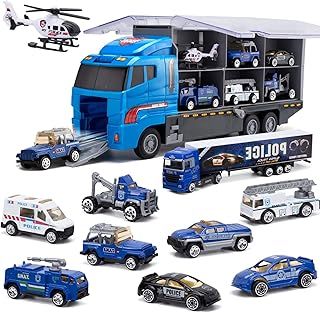 Police Die-Cast Transport Truck(10 in 1), Mini Play Vehicle in Carrier Car Toy Set, Double Side Transport Vehicle Mini Cars for Kid Child Girl Boy Play Birthday Party Favors Christmas